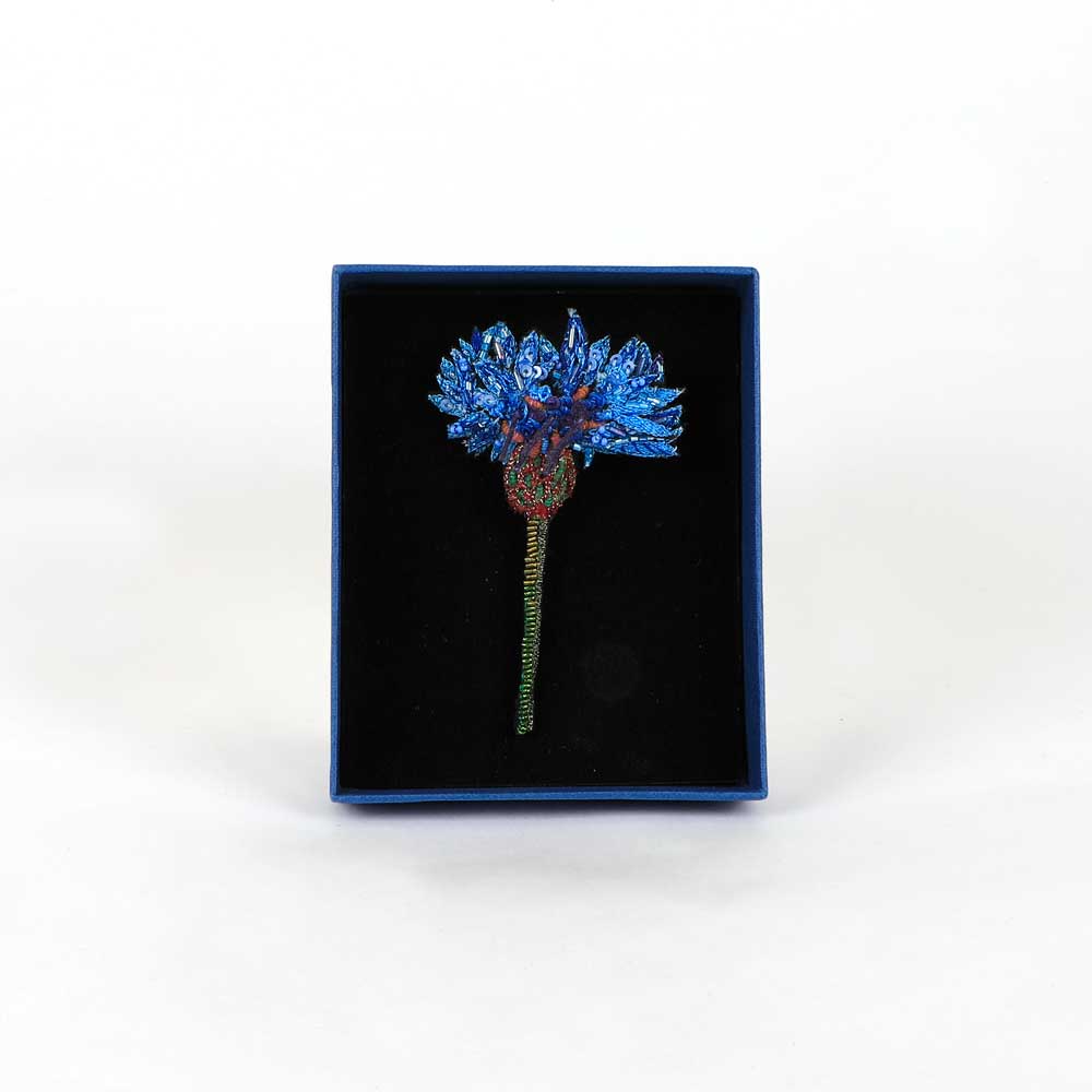 Blue Cornflower Trovelore Beaded embroidered floral brooch on white background