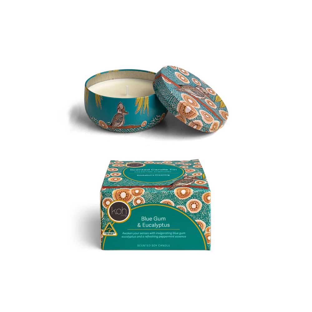 Blue Gum Eucalyptus scented candle tin on white background for Australian museum Shop online