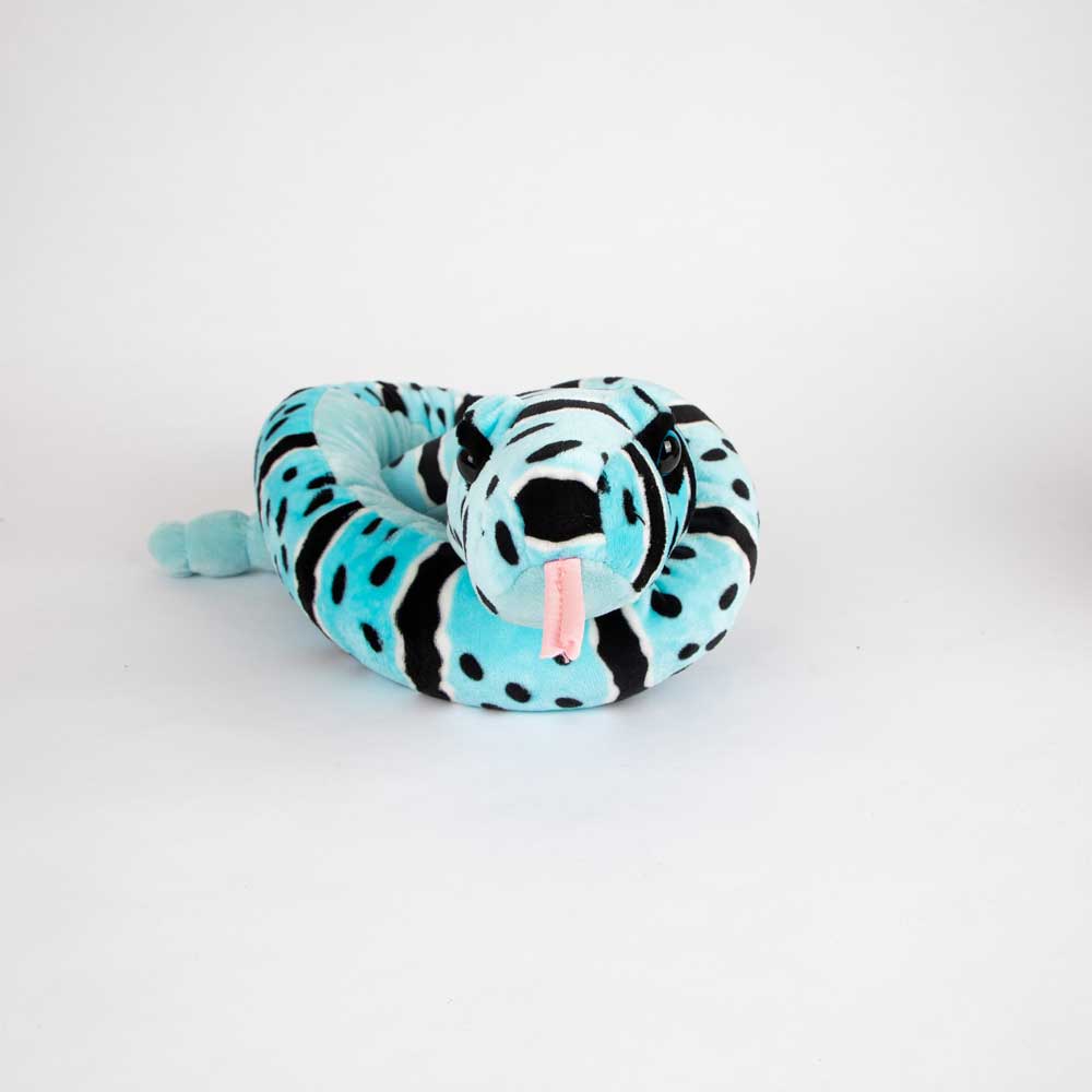 Blue and black patterned soft Plush snake made from recycled PET bottles, on white background