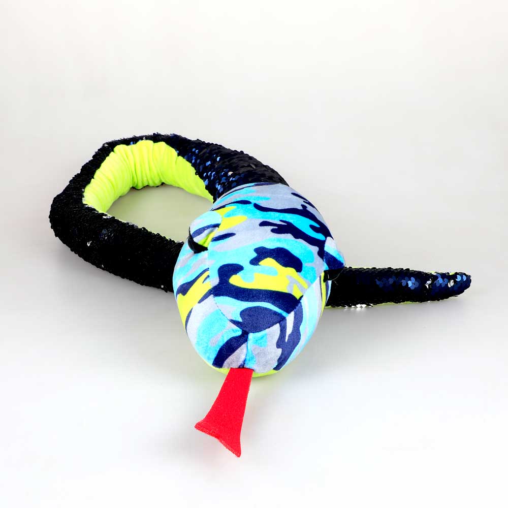 Camo and Blue sequinned snake with yellow plush underbelly sleeping on white background for Australian Museum Shop online
