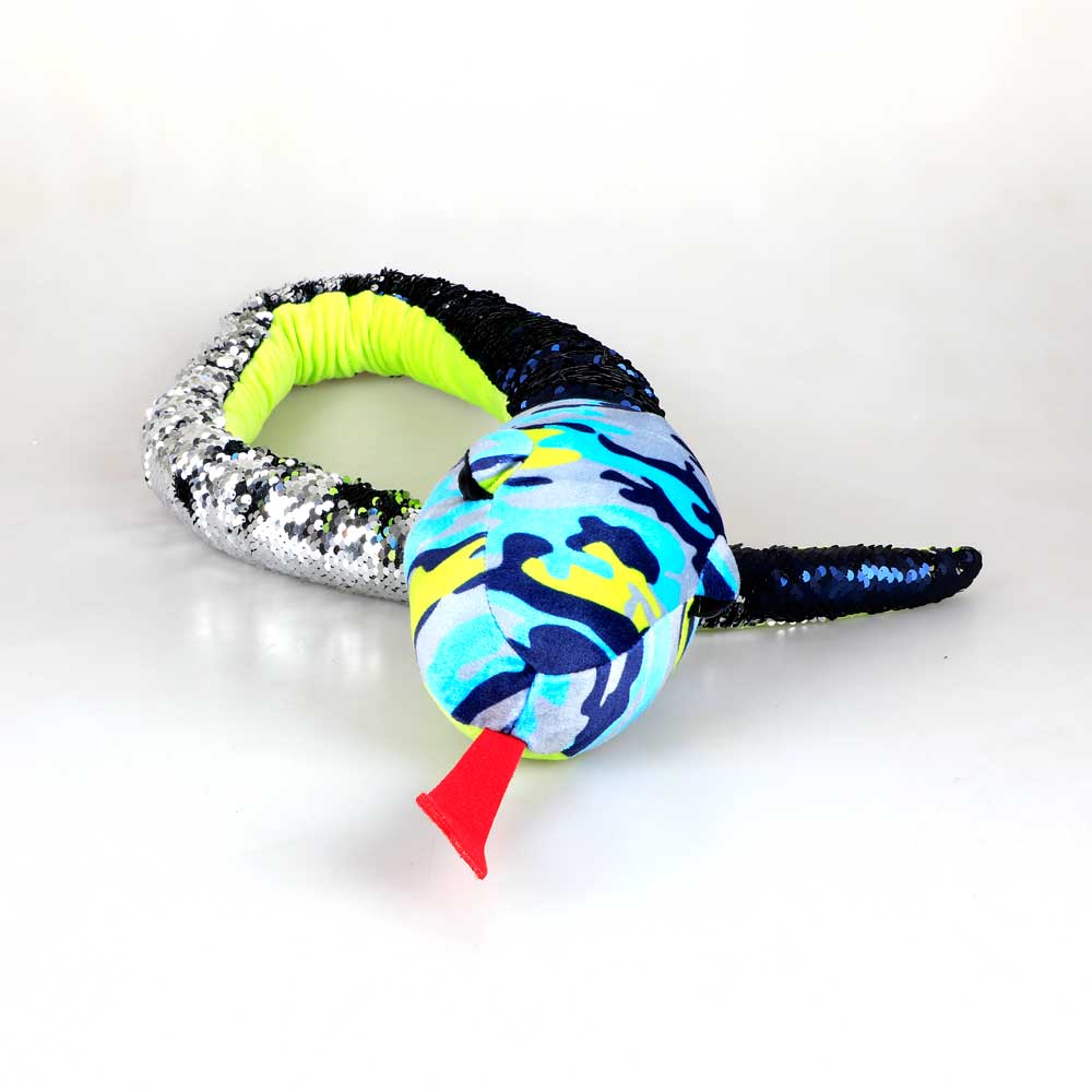 Camo and Blue sequinned snake with yellow plush underbelly sleeping on white background for Australian Museum Shop online