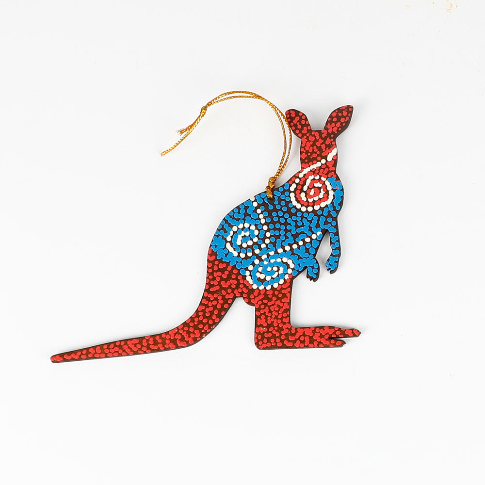 Handpainted Kangaroo ornaments. Acrylic paint on balsa wood on white background