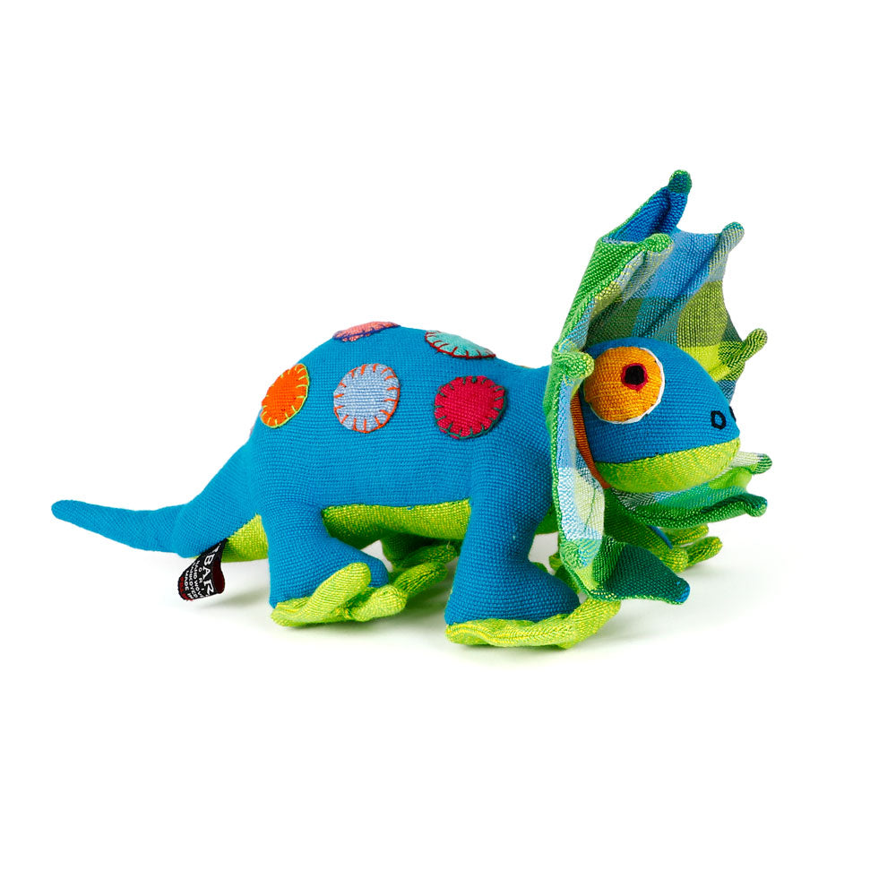 Blue spotty Frill-Neck Lizard toys handmade from handwoven fabric by Barefoot Toys, on white background