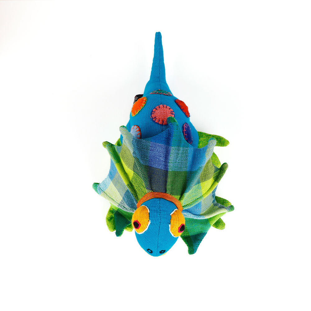Blue spotty Frill-Neck Lizard toys handmade from handwoven fabric by Barefoot Toys, on white background