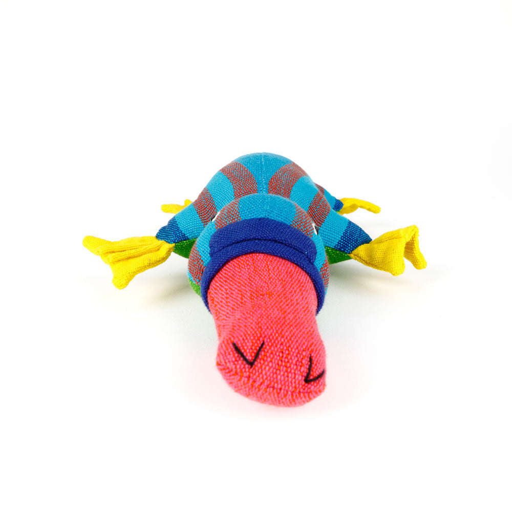 Colorful blue striped platypus hand made from handwoven fabric by Barefoot Toys on a white background