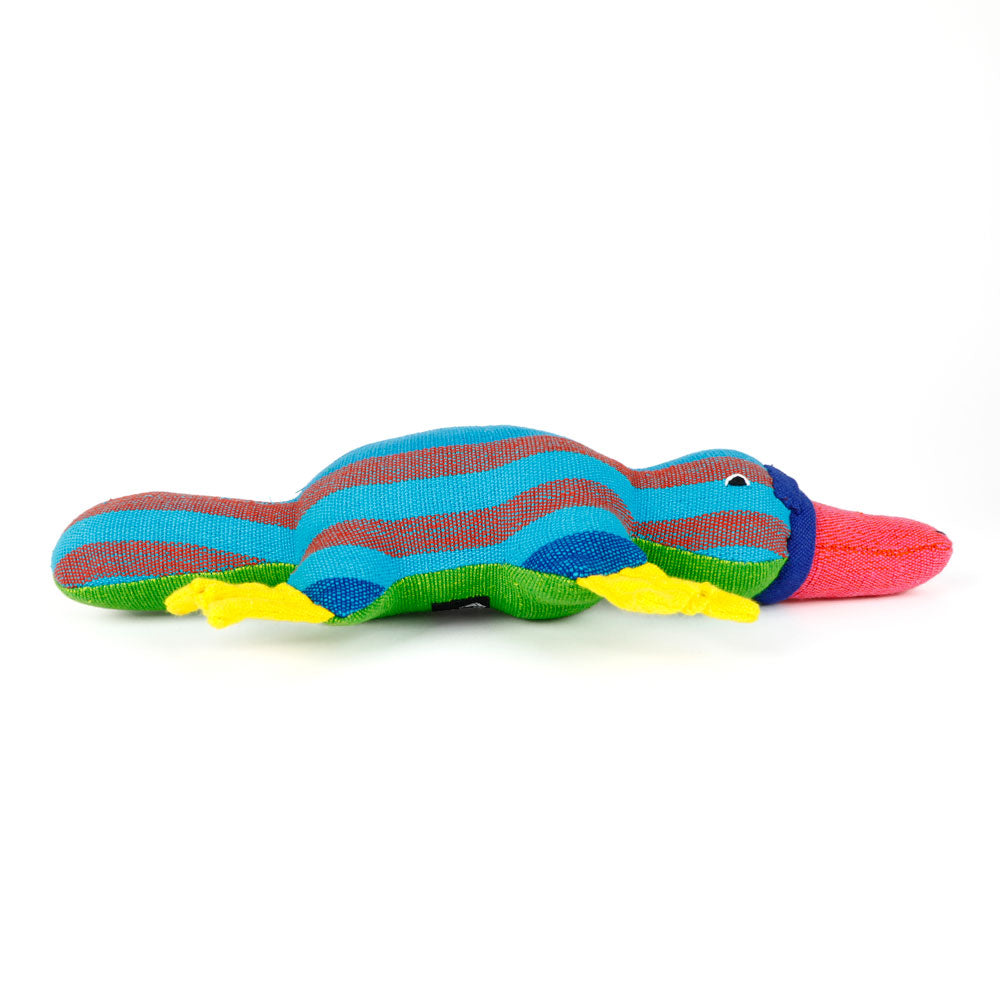 Colorful blue striped platypus hand made from handwoven fabric by Barefoot Toys on a white background