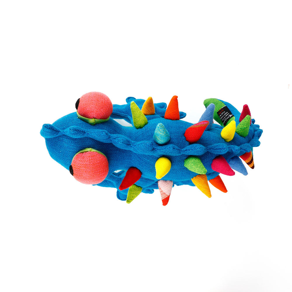 Blue Thorny Devil Barefoot Toy hand woven fabric handmade in Sri Lanka, on white background