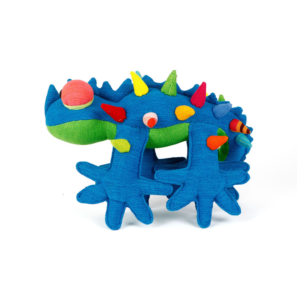 Blue Thorny Devil Barefoot Toy hand woven fabric handmade in Sri Lanka, on white background