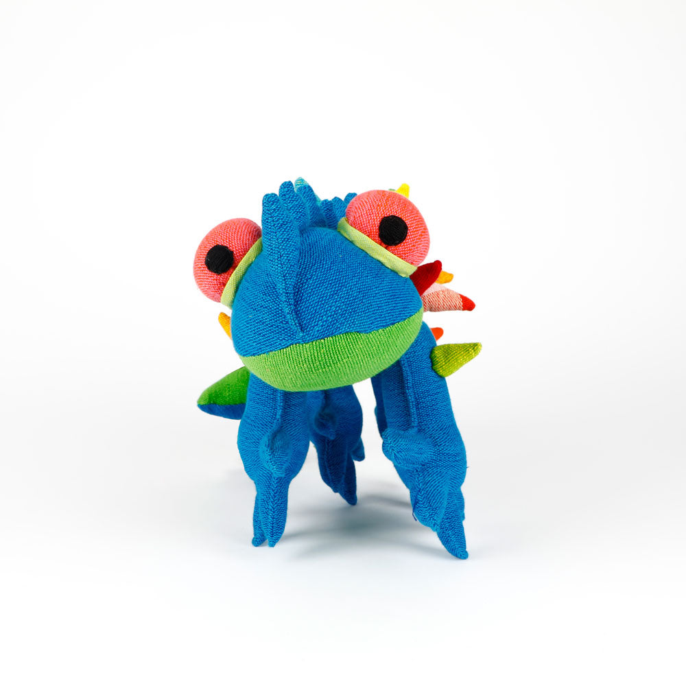 Blue Thorny Devil Barefoot Toy hand woven fabric handmade in Sri Lanka, on white background