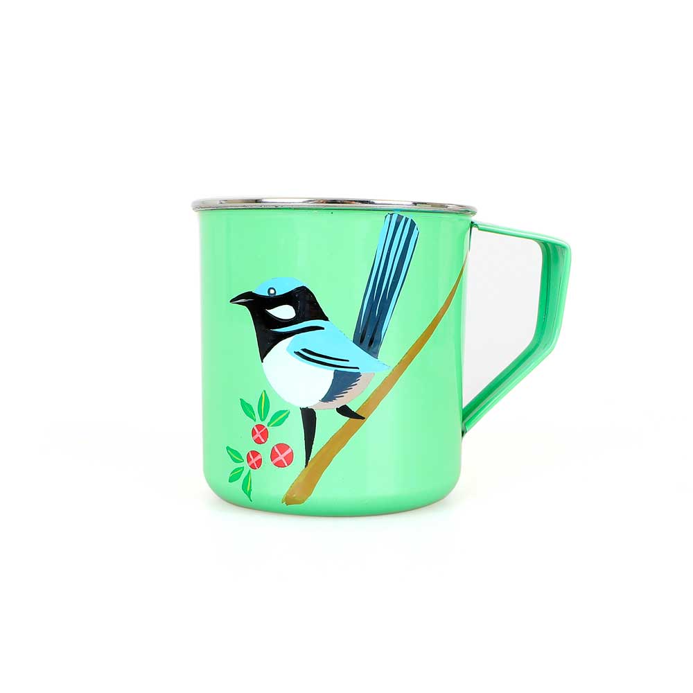 Songbird collection hand painted enamel mug. Wren and boronia. Photographed on white background for Australian Museum shop online