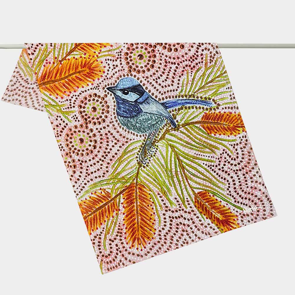 Blue wren Koh cotton teatowel on white background