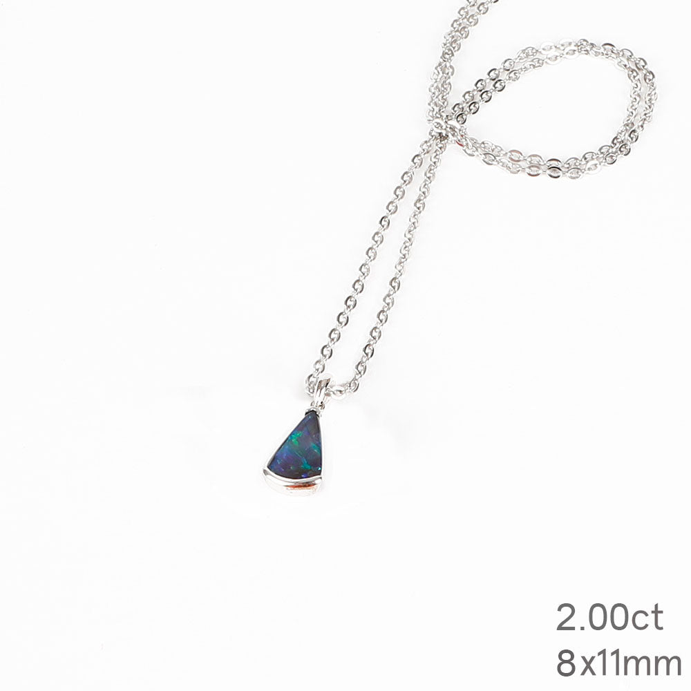 Blue Green Australian Boulder Opal pendant Necklace with sterling chain on a white background