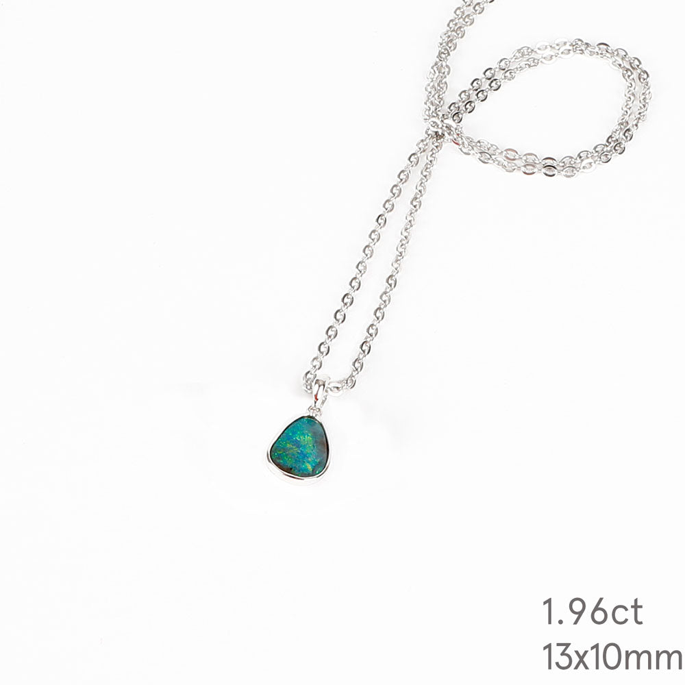Blue Green Australian Boulder Opal pendant Necklace with sterling chain on a white background