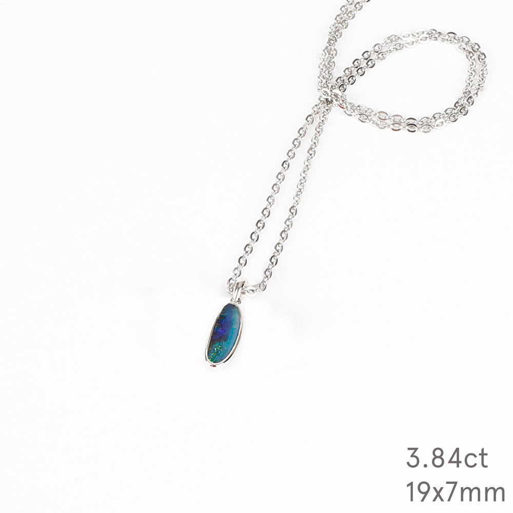 Blue Australian Boulder Opal pendant Necklace with sterling chain on a white background