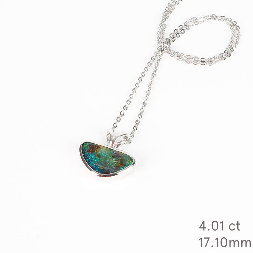 Blue Green Australian Boulder Opal pendant Necklace with sterling chain on a white background