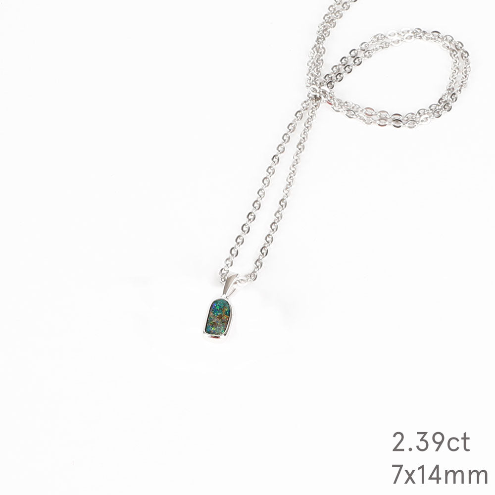 Blue Green Australian Boulder Opal pendant Necklace with sterling chain on a white background
