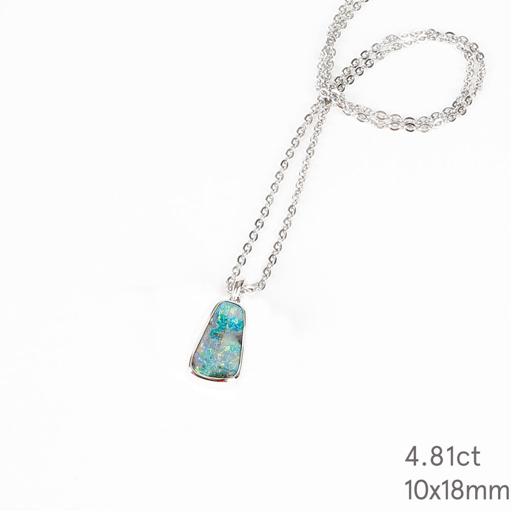 Blue Green Australian Boulder Opal pendant Necklace with sterling chain on a white background