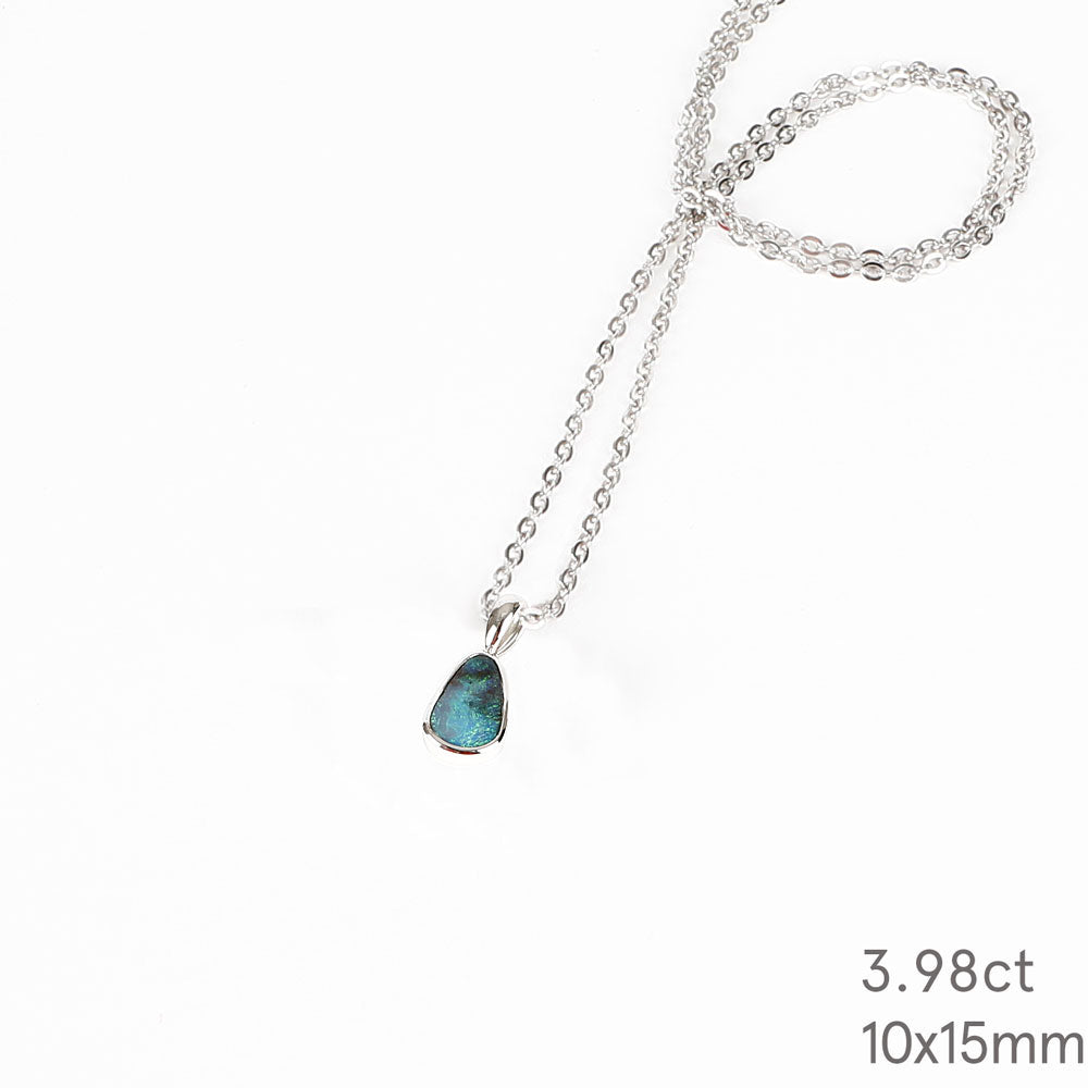 Blue Green Australian Boulder Opal pendant Necklace with sterling chain on a white background