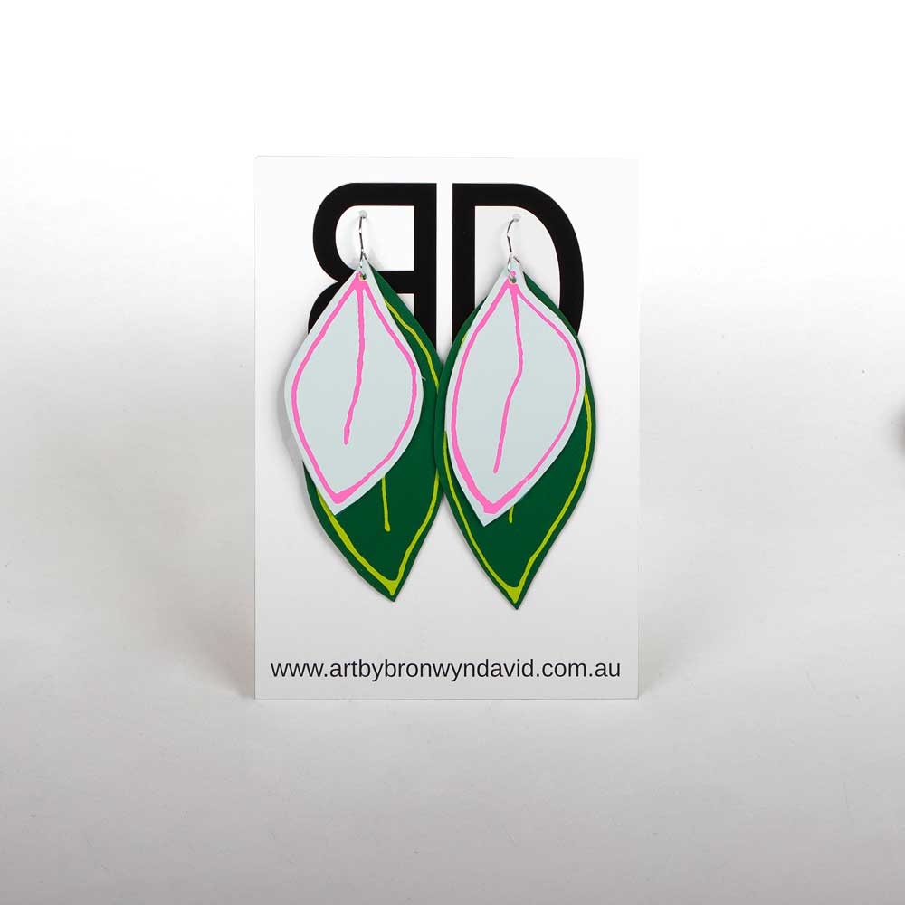 Bronwyn David handmade hand painted leather earrings with surgical steel hooks on white background