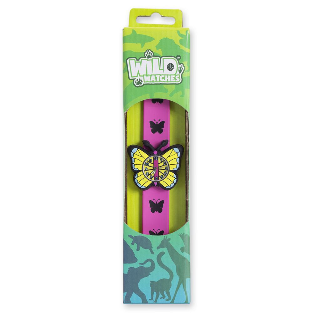 Butterfly analog watch face and snap-on band.