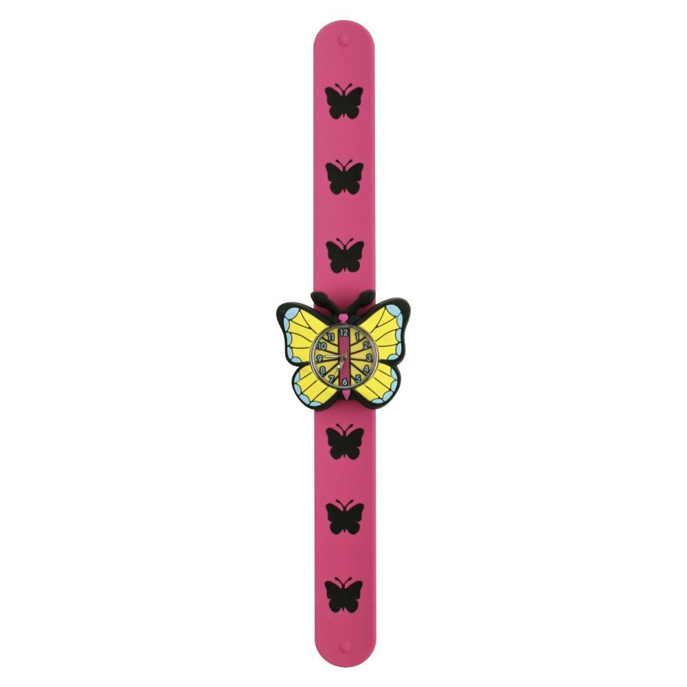 Butterfly children's wristwatch with analog watch face and snap-on band.