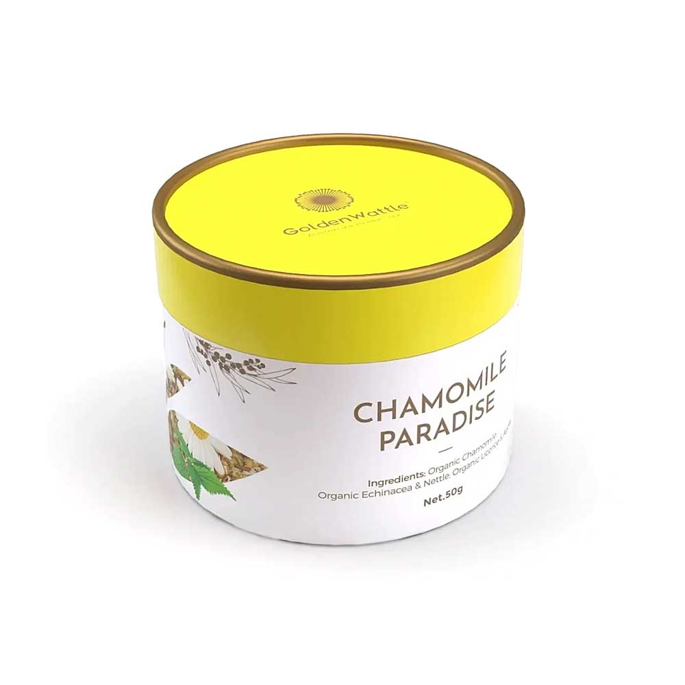 Chamomile Paradise Golden Wattle tea. 50g loose leaf tea photographed on white background. Australian Museum Shop online