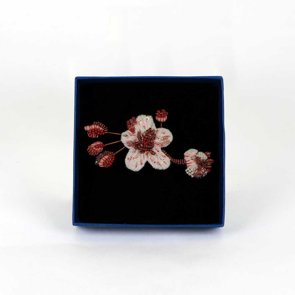 Cherry Blossom Trovelore Beaded embroidered floral brooch on white background