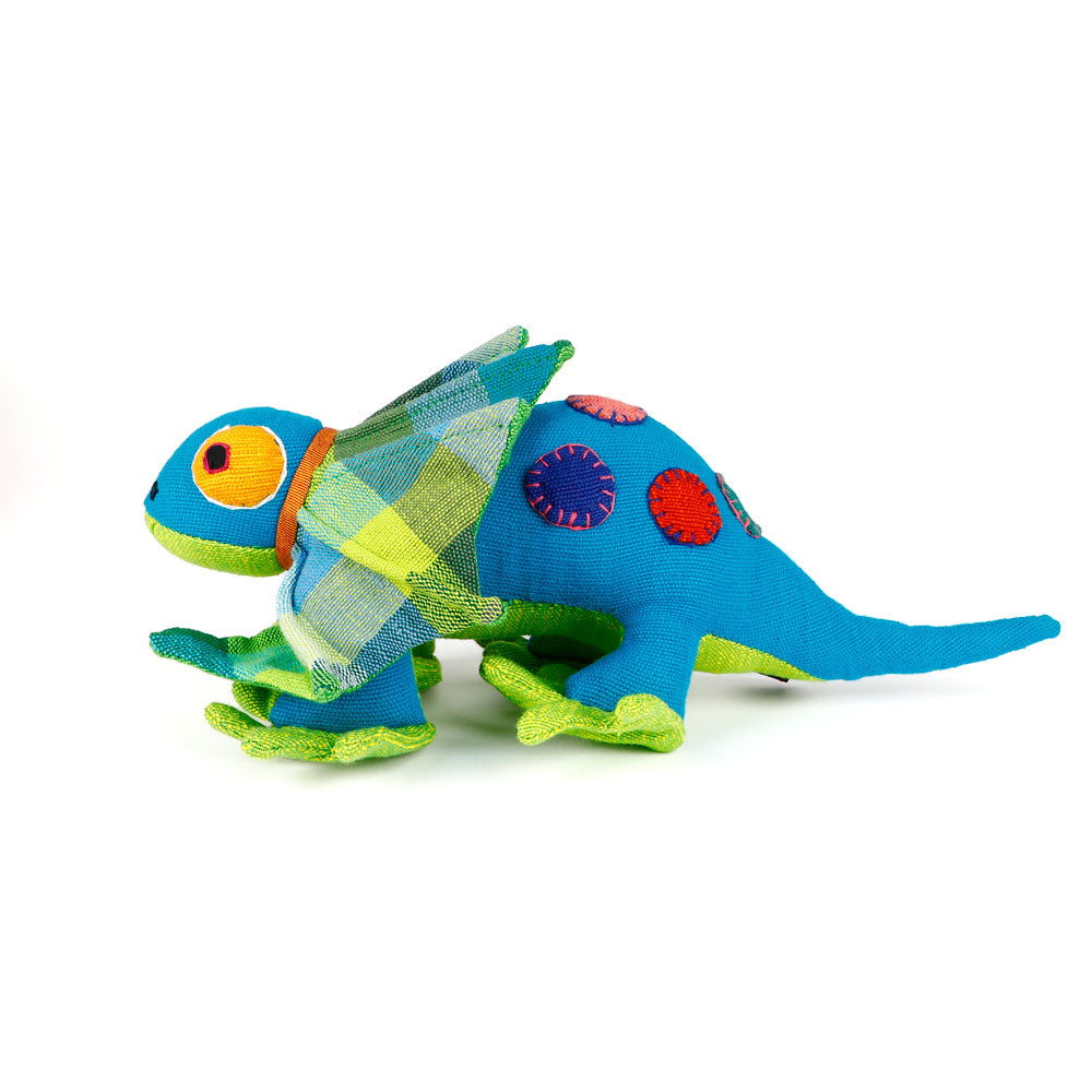Blue spotty Frill-Neck Lizard toys handmade from handwoven fabric by Barefoot Toys, on white background