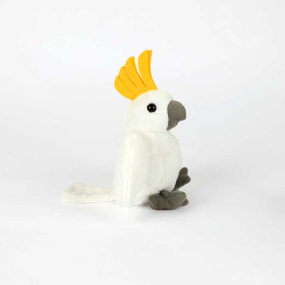 Cockatoo pocketkins plush toy on white background