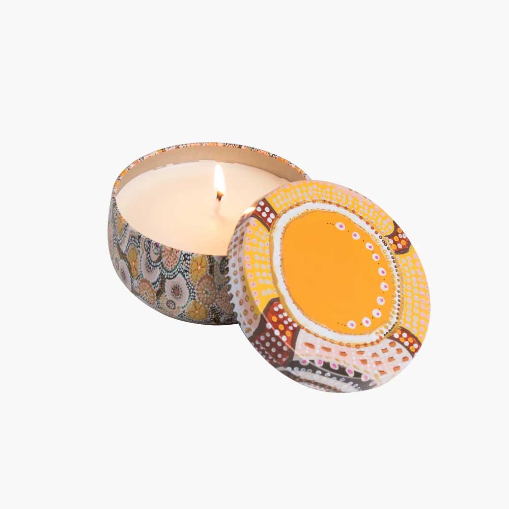 Coconut and finger lime candle tin on white background for Australian museum Shop online