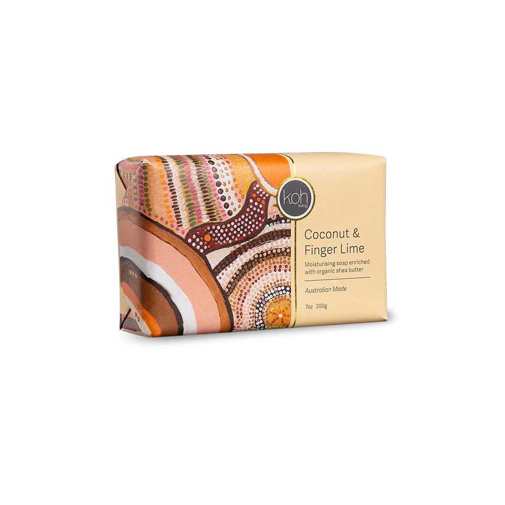 Coconut and finger lime shea butter soap featuring artwork by Jacinta Ridgway-Maahs on white background