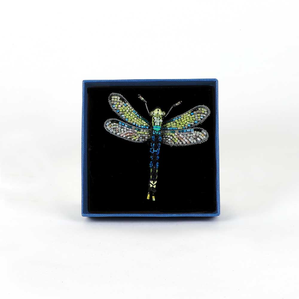 Trovelore Beaded nature brooch hand made in india on white background. Common hawker dragonfly