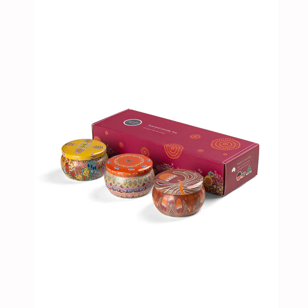 Dreamtime blooms scented candle tin set on white background
