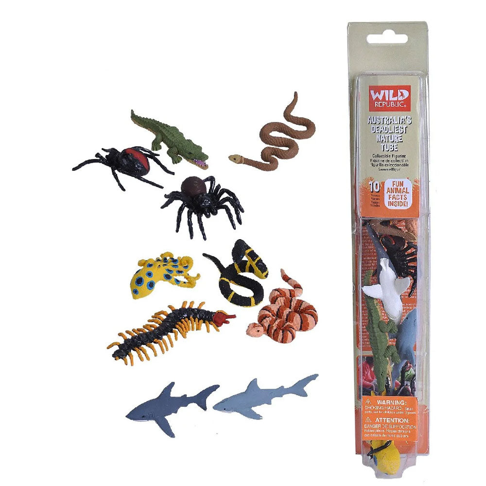Nature Tube Australia's Deadliest animals figurines with packaging on a white background