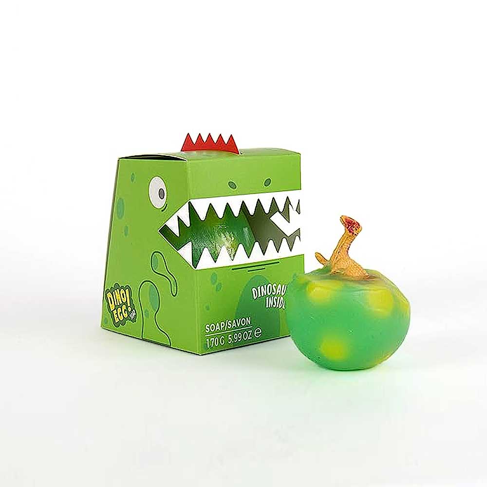 Dino egg soap with dinosaur model within. Photographed against white background. Australian Museum shop online