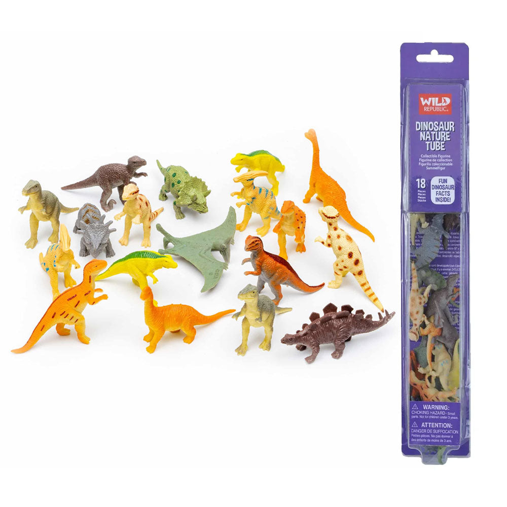 Nature Tube Dinosaur figurines with packaging on a white background