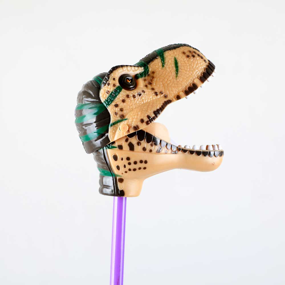 Dinosaur pincher toy Purple T-Rex photographed on white background for Australian Museum Shop online