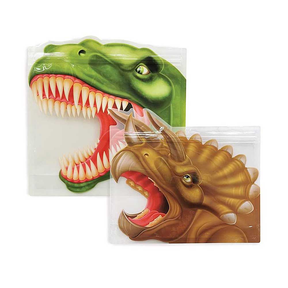 Dinosaur Zip-Lock snack bags BPA free photographed against white Australian Museum Shop online