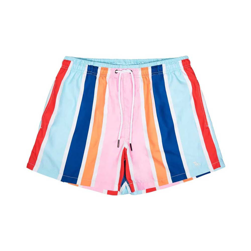 Dock and bay multi stripe boardshorts 100% recycled fabric photographed on white background for Australian Museum Shop online