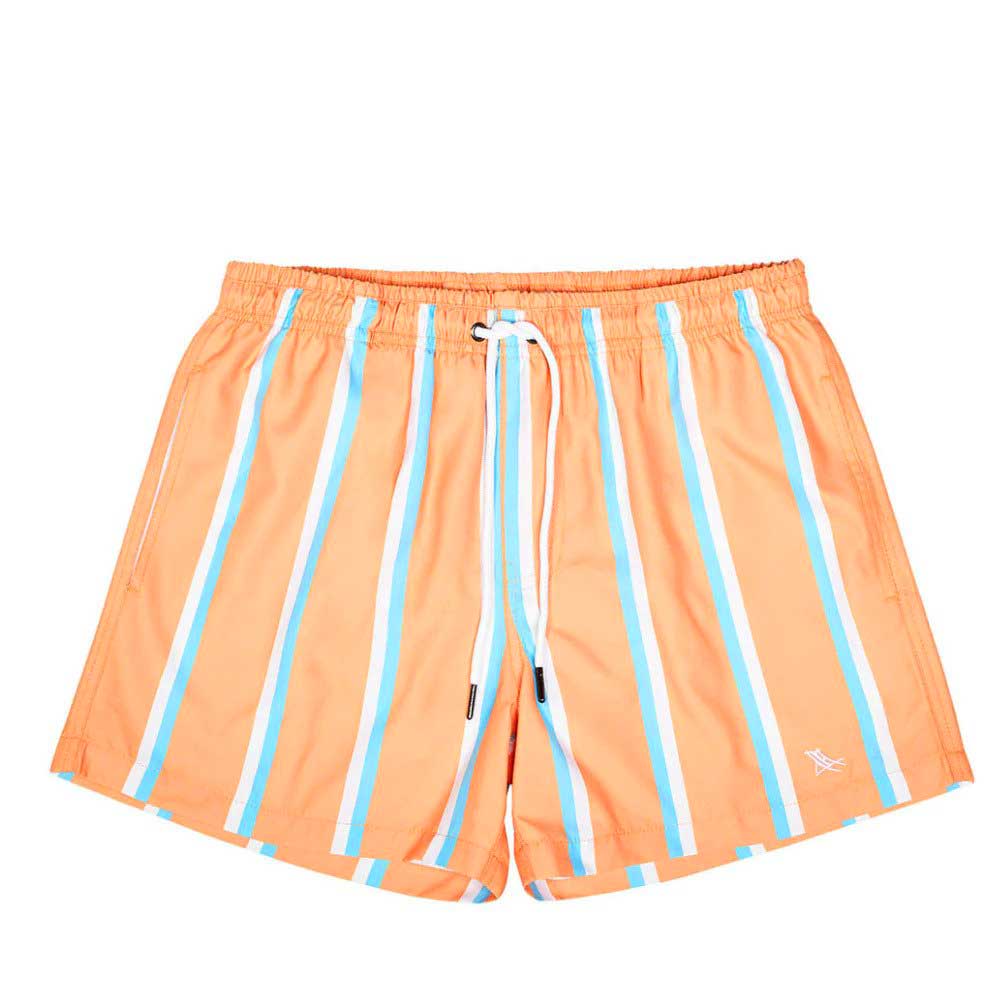 Dock and bay stripe boardshorts 100% recycled fabric photographed on white background for Australian Museum Shop onlin