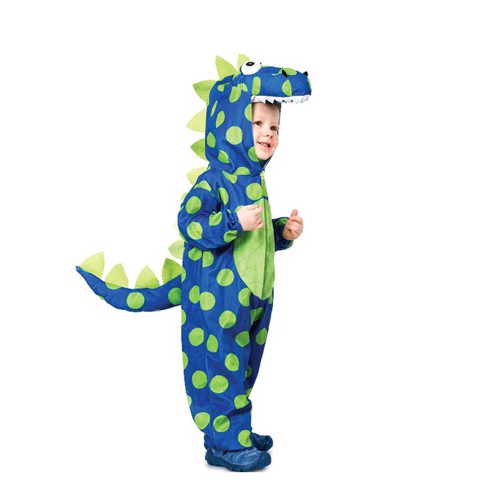 Doug the dinosaur costume for toddlers. Toddler in blue and green spot costume on white background. Australian Museum shop online
