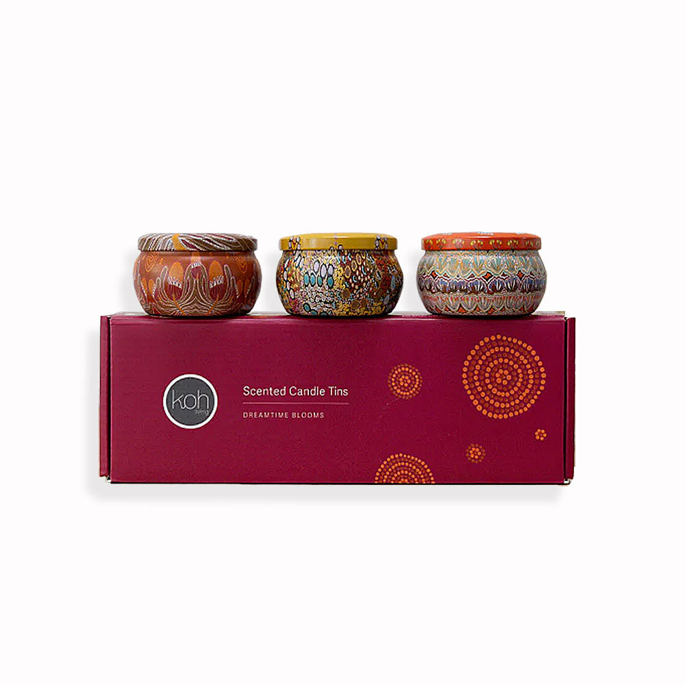 Dreamtime blooms scented candle tin set on white background