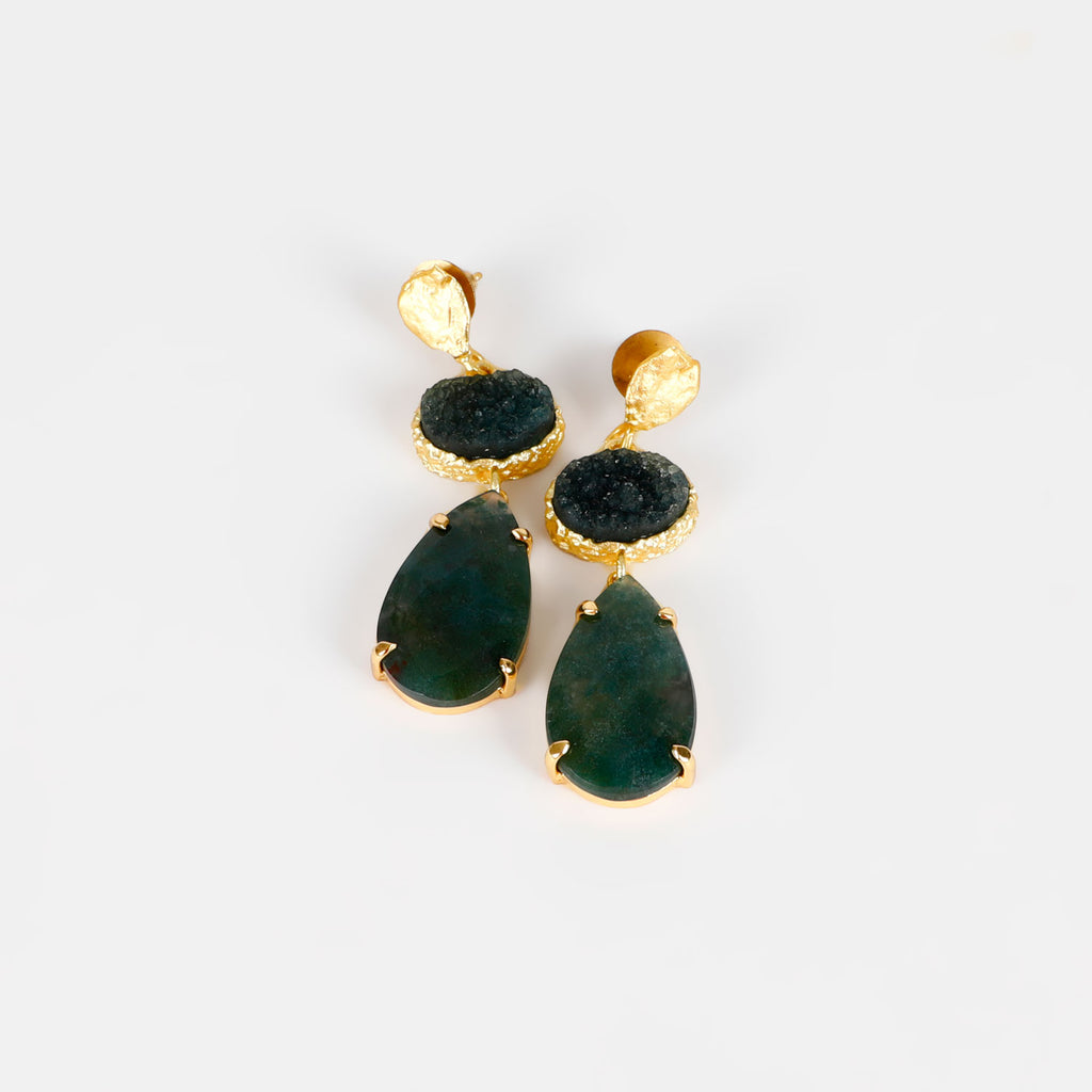 18ct gold plated 3-tier drop earrings with druzy agate and deep marine green Swarovski crystal teardrops