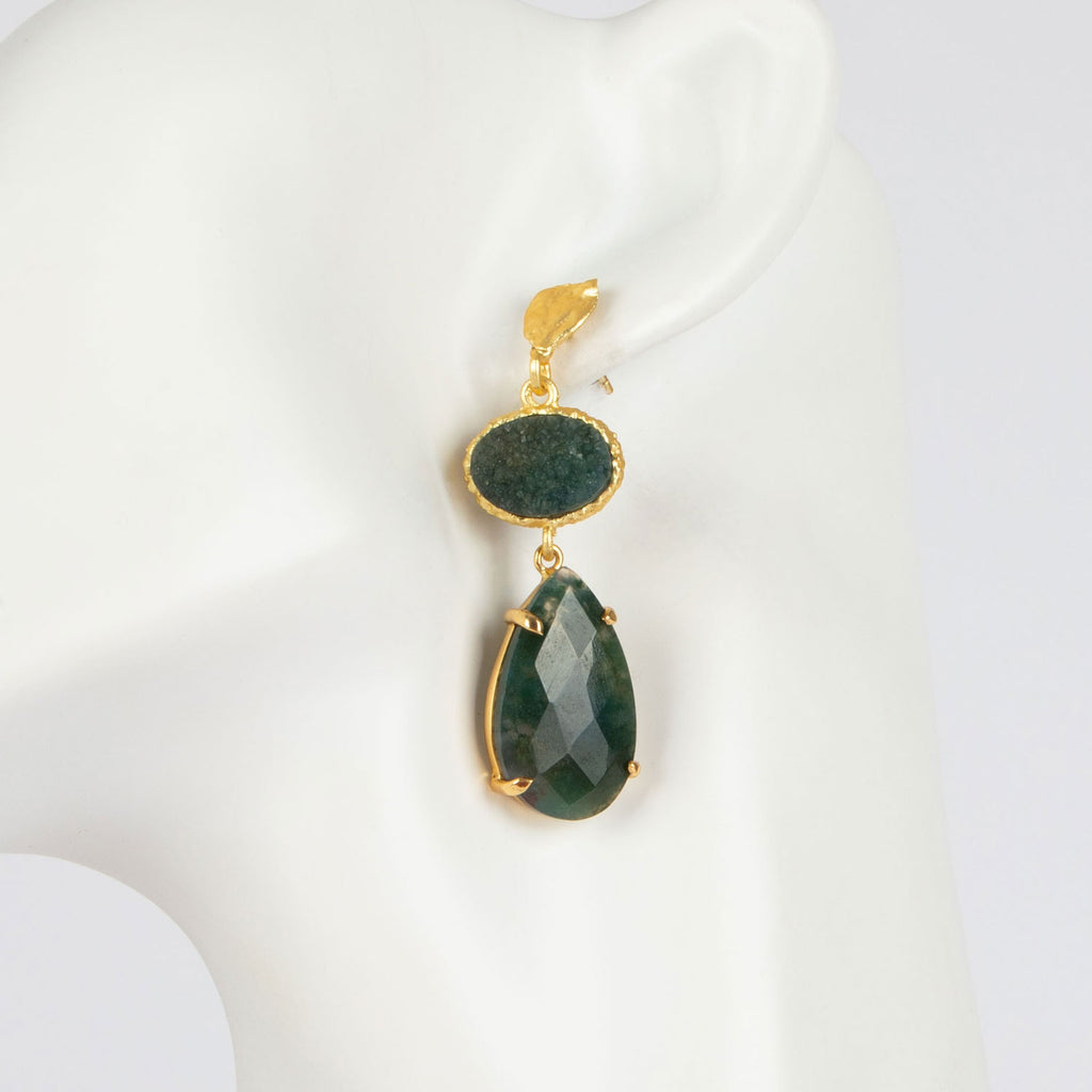 18ct gold plated 3-tier drop earrings with druzy agate and deep marine green Swarovski crystal teardrops