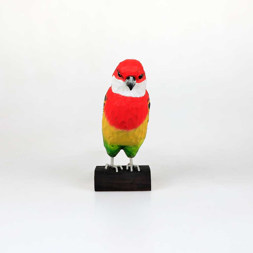 Eastern Rosella hand carved linden wood deco bird photographed against white background. Australian Museum Shop online