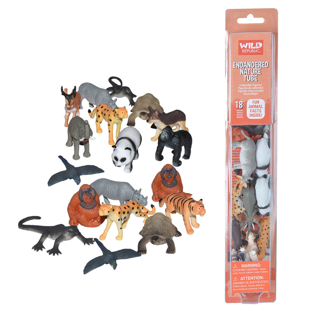 Nature Tube Endangered animal figurines with packaging on a white background