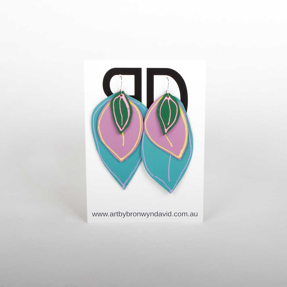 Bronwyn David handmade hand painted leather earrings with surgical steel hooks on white background