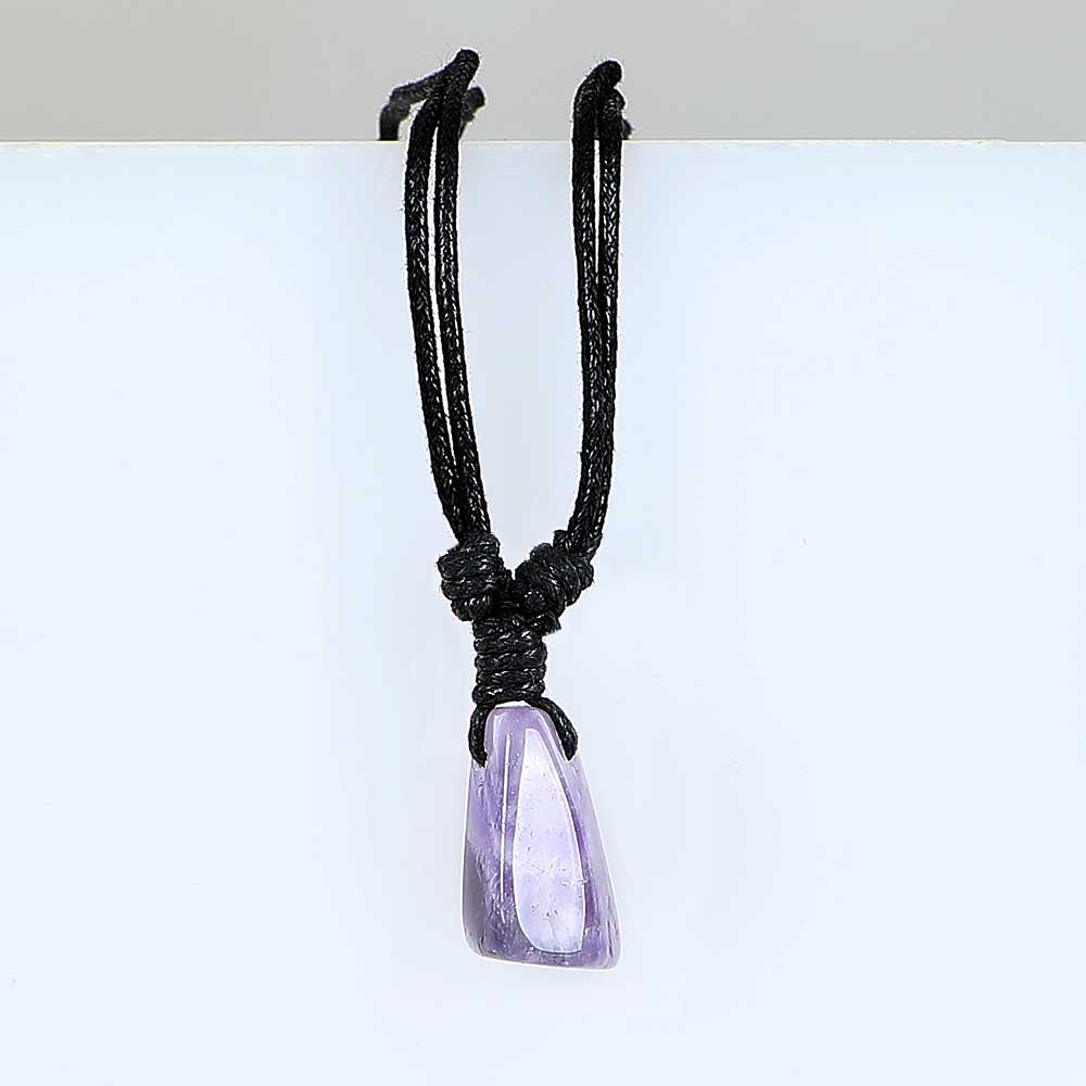 February birthstone pendant on leather and fibre necklace on white background for Australian Museum Shop online