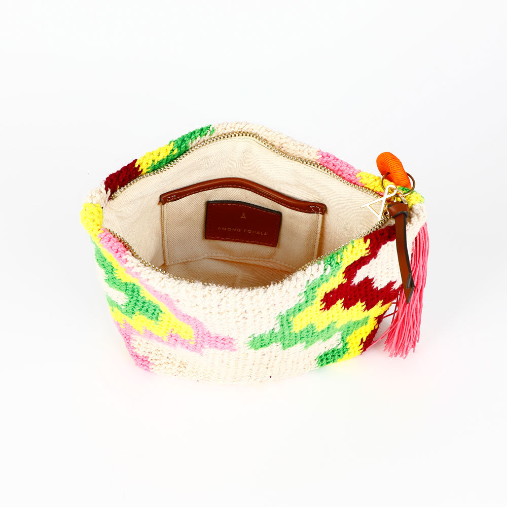 Colorful Florence Mountain hand woven Bilum bag with geometric pattern, zip closure and orange and pink tassel, interior view, on a white background