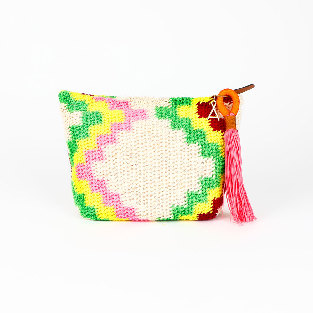 Colorful Florence Mountain hand woven Bilum bag with geometric pattern, zip closure and orange and pink tassel, on a white background